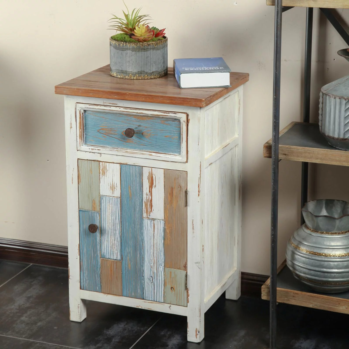Rustic Multi-Color Wood 1-Drawer 1-Door End Table A39227