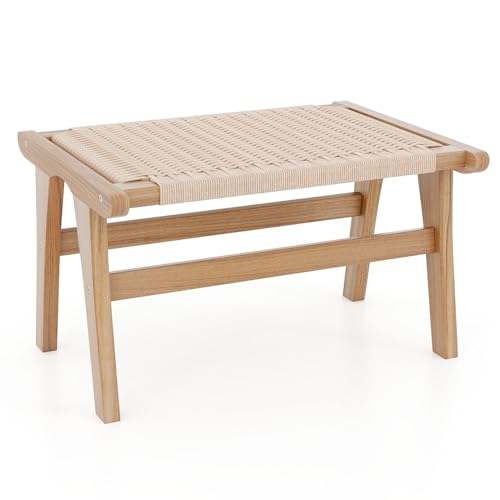 Natural Teak Wood Ottoman Footstool with Braided Rope, 14" H E9919