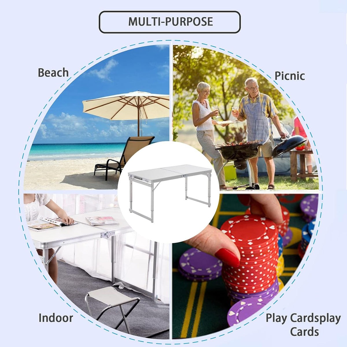 White 4 Foot Adjustable Height Folding Aluminum Camping Table with Stools J7263