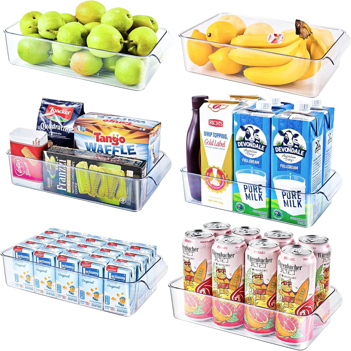 Refrigerator Pantry Organizer Bins Set of 6, Plastic (3 Medium + 3 Large) M604