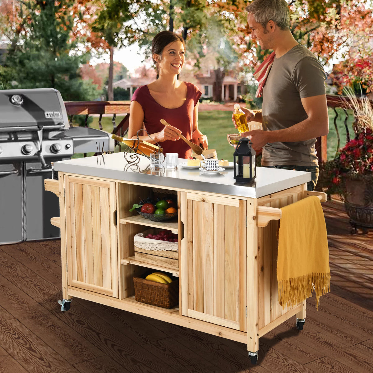 Solid Wood Movable Outdoor Table with Stainless Steel Top Z7726