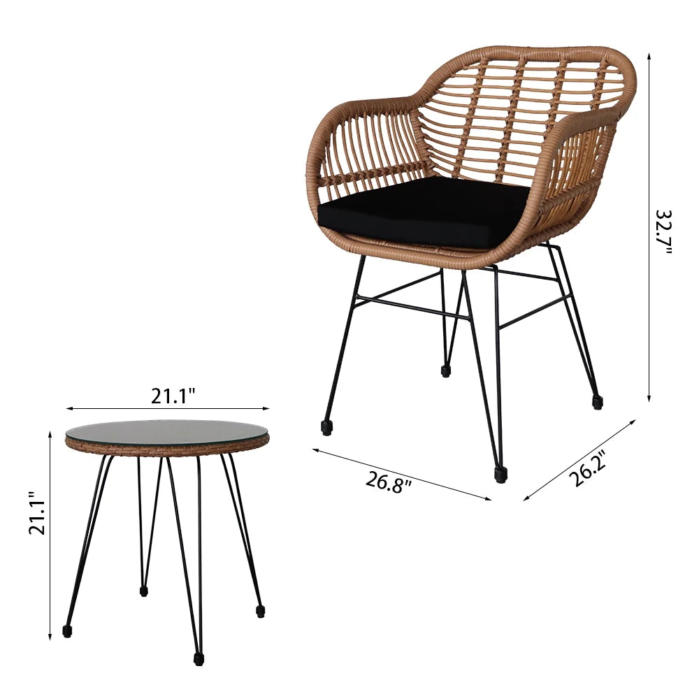 3 Piece Wicker Patio Conversation Set with Glass Side Table and Cushioned Chairs V867969