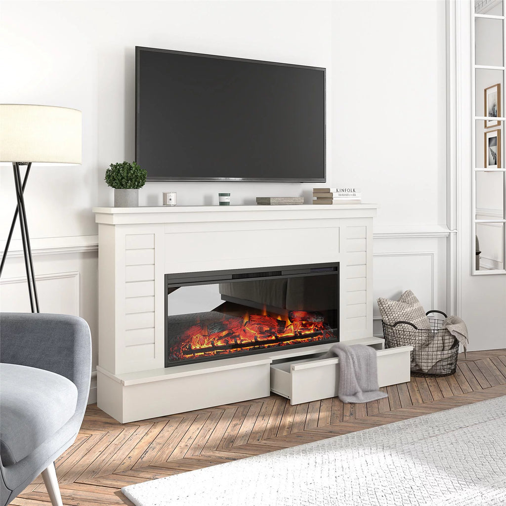 White Wide Shiplap Mantel with Linear Electric Fireplace and Storage Drawers A156743