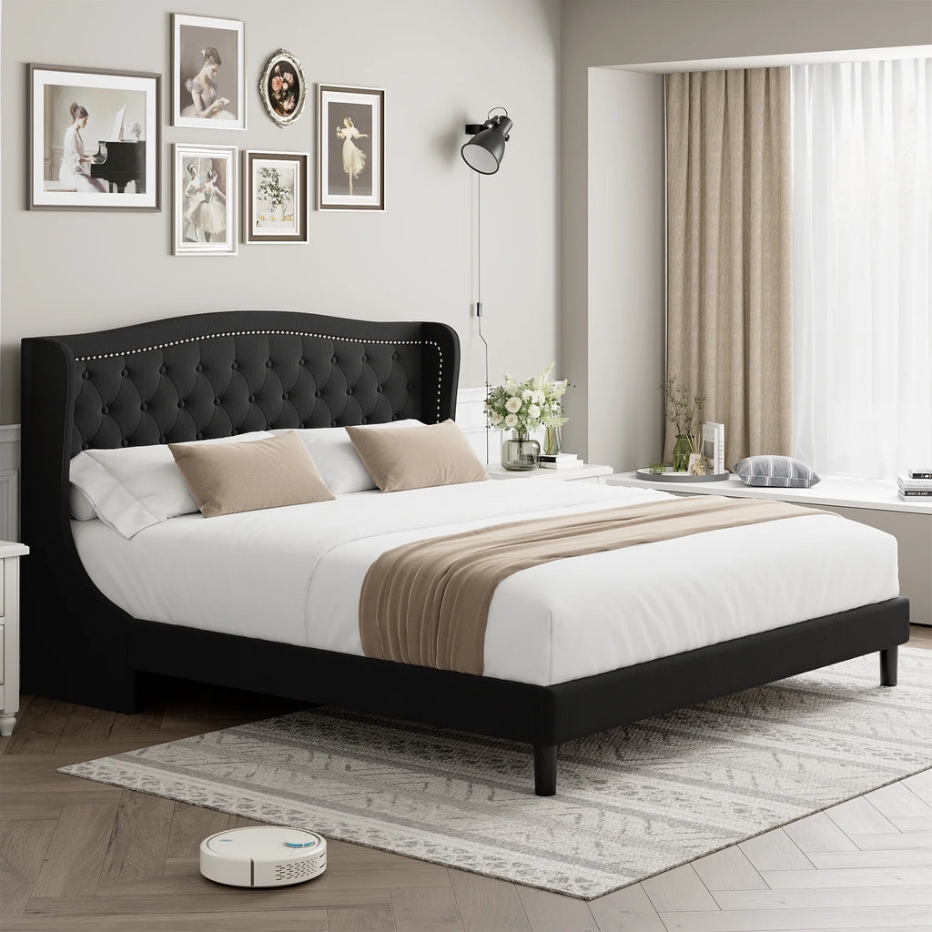 Black Full Bed Frame with Wing-Back Button Tufted Upholstered Headboard and Wood Slat Support I4473