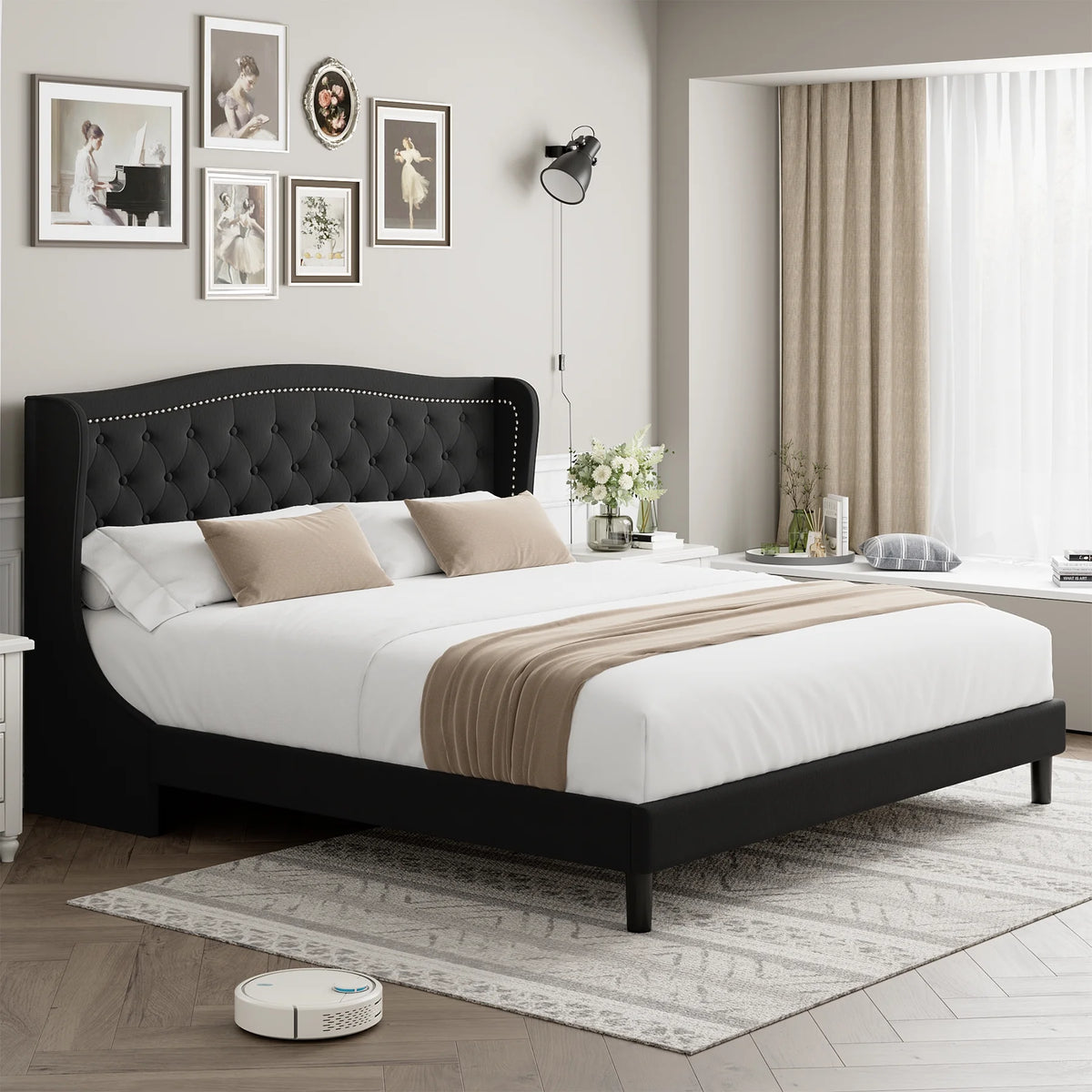 Black Full Bed Frame with Wing-Back Button Tufted Upholstered Headboard and Wood Slat Support I4473