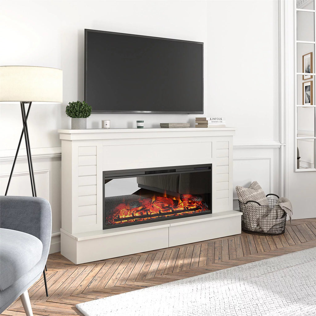 White Wide Shiplap Mantel with Linear Electric Fireplace and Storage Drawers A156743
