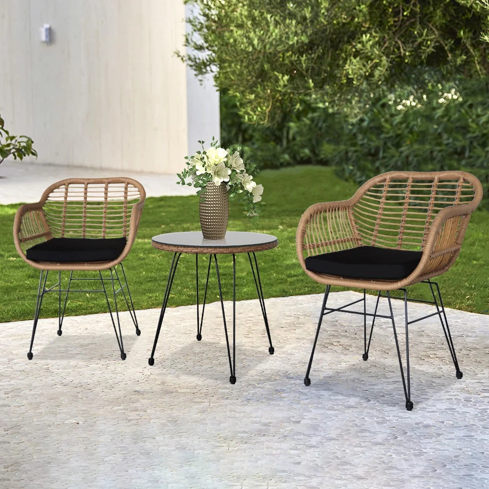 3 Piece Wicker Patio Conversation Set with Glass Side Table and Cushioned Chairs V867969