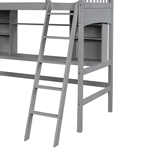 Full Size Solid Wood Loft Bed with Wardrobe and Desk N8377
