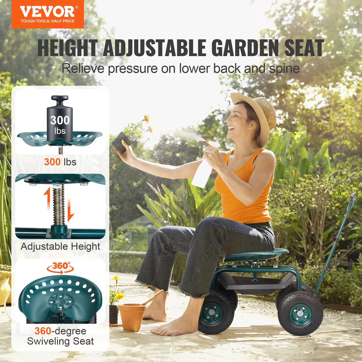 Garden Cart Rolling Workseat with Wheels, 360 Degree Swivel Seat, Steering Handle & Utility Tool Tray H11570