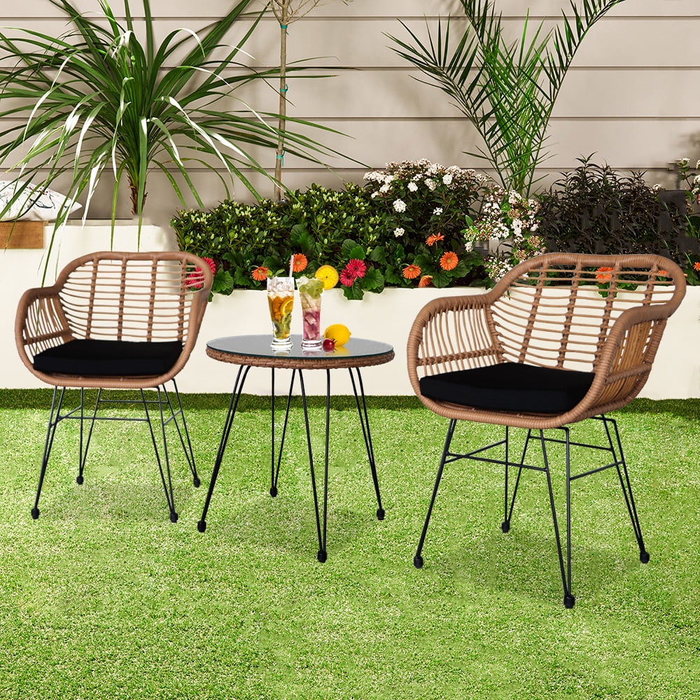 3 Piece Wicker Patio Conversation Set with Glass Side Table and Cushioned Chairs V867969