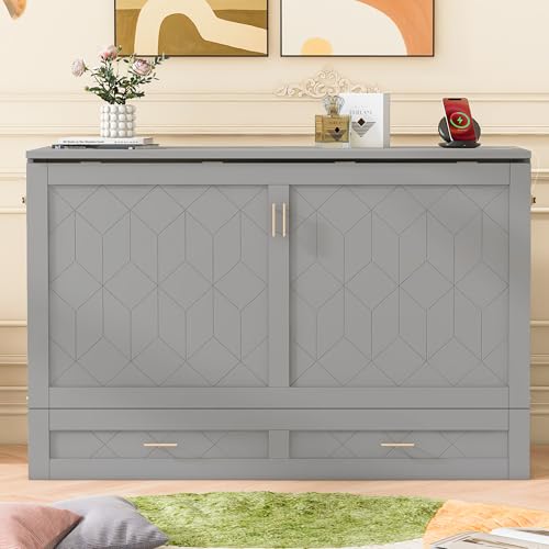 Queen Size Murphy Wall Bed with USB Charging Station and Storage Drawer N1750