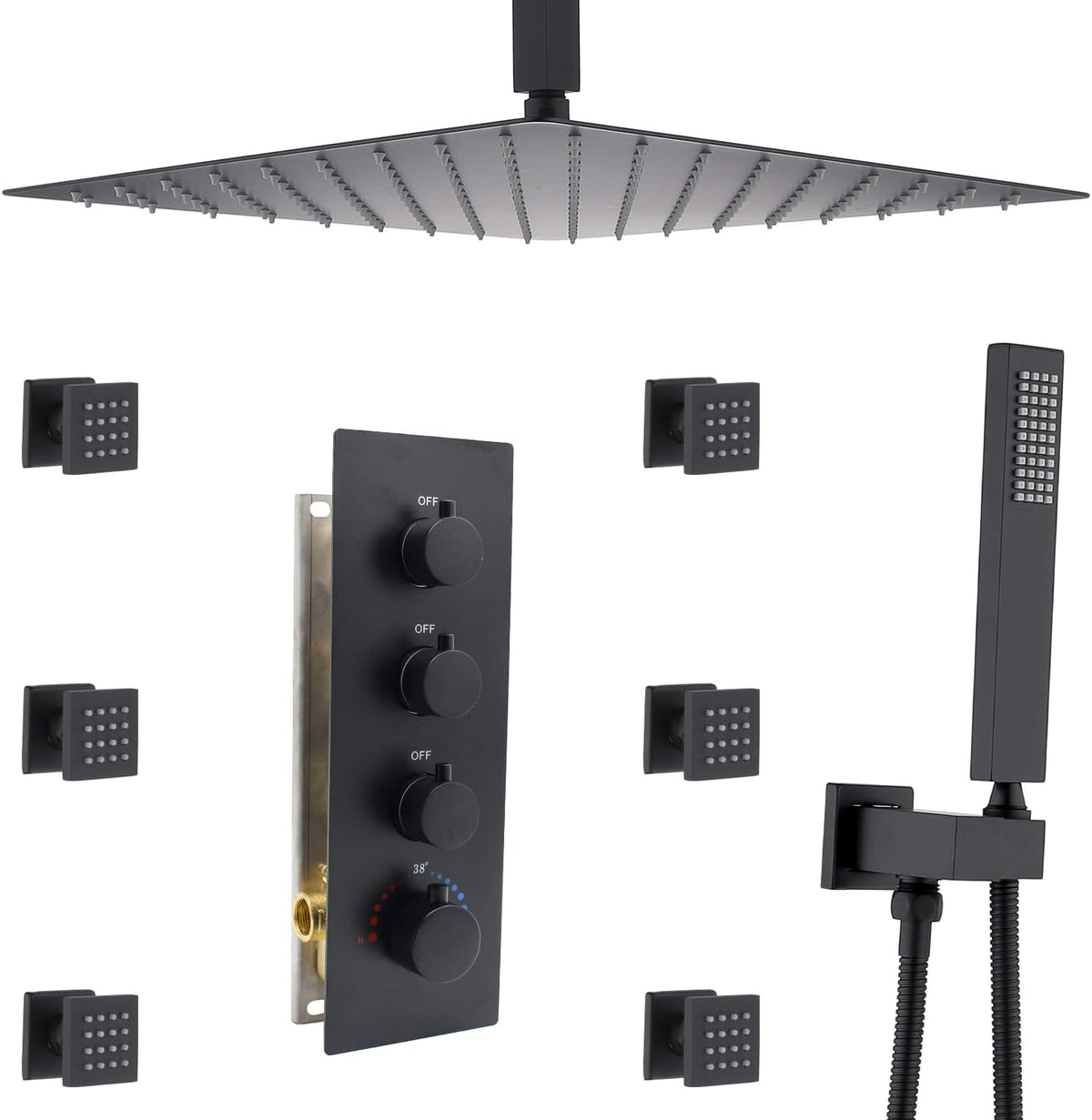 Brushed Nickel 16inch Rainfall Shower System with Body Jets Thermostatic Mixer Shower Faucet Set R419728