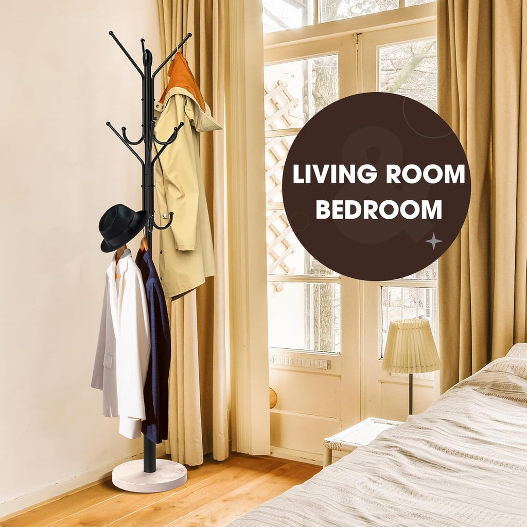 Metal Sturdy Coat Rack with 12 Storages and Natural Marble Base X66141