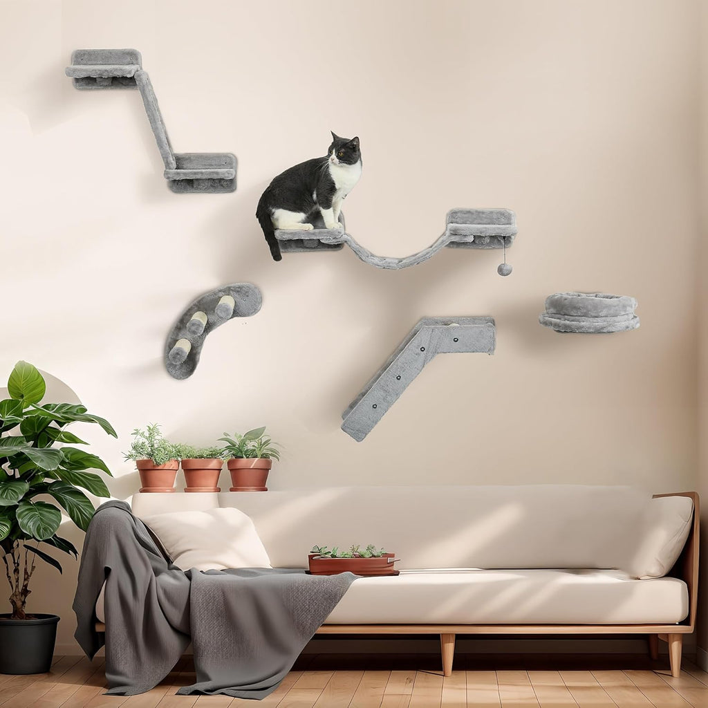 Gray 5PCs Cat Wall Shelves with Soft Plush Sisal I9696