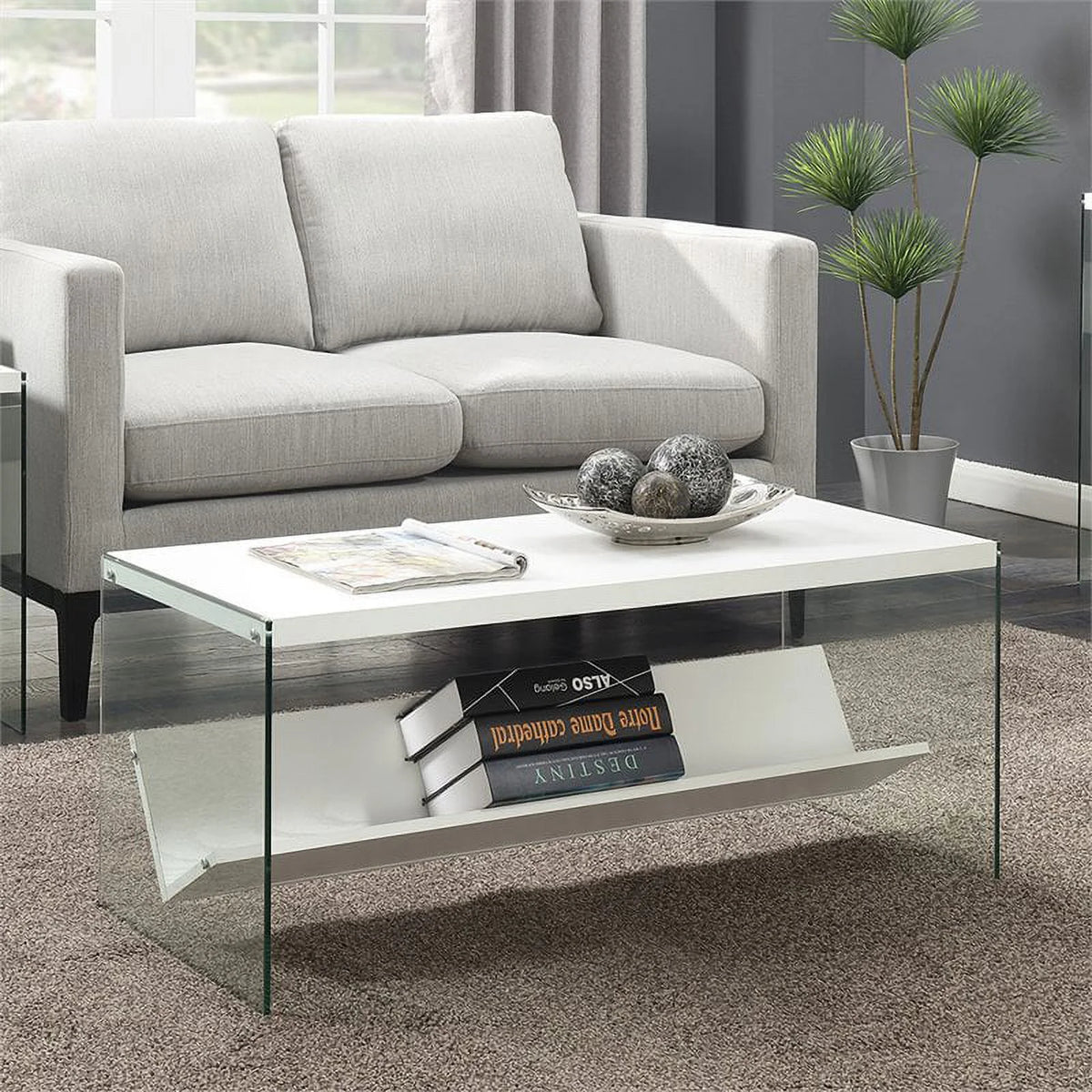 White Wood and Clear Glass Coffee Table N266