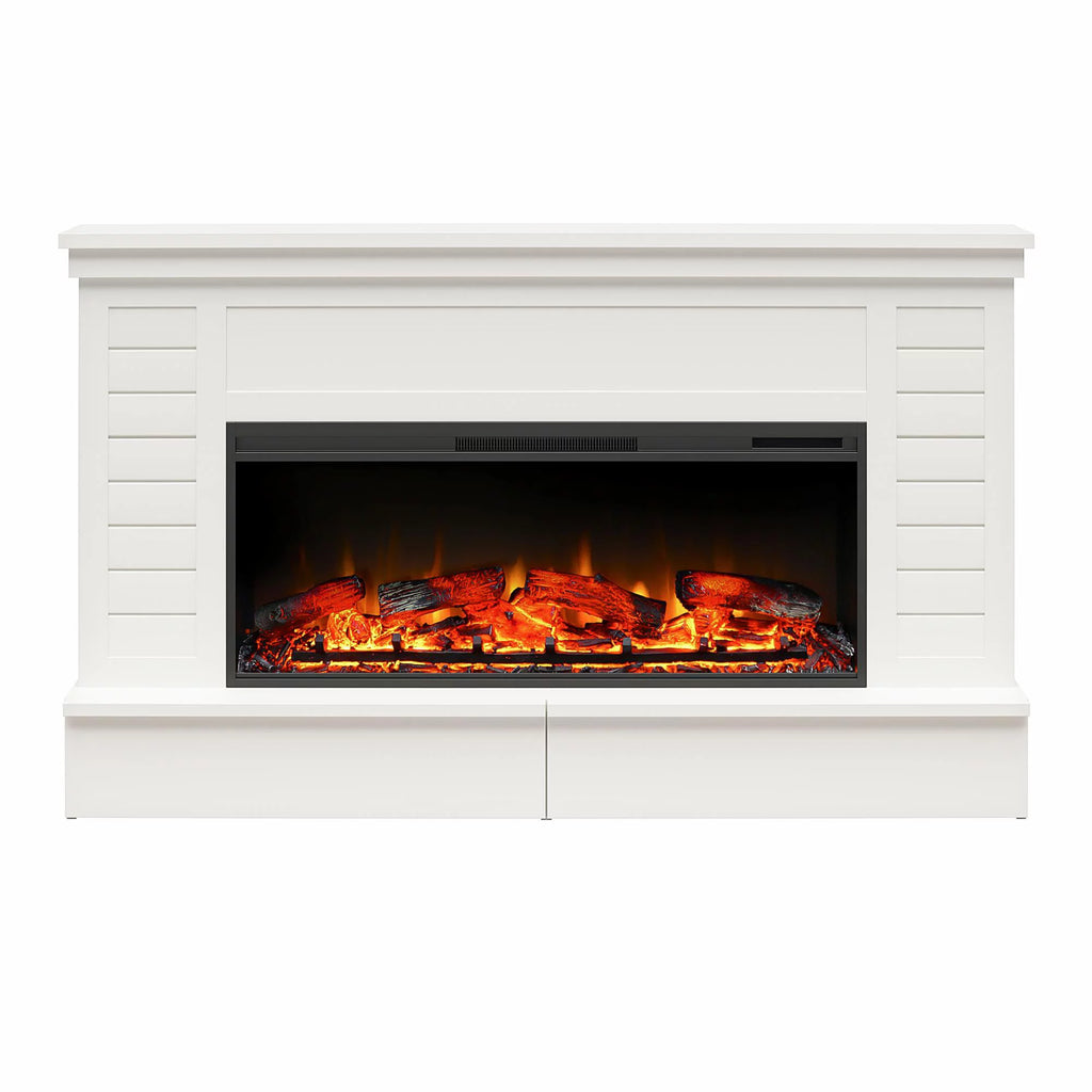 White Wide Shiplap Mantel with Linear Electric Fireplace and Storage Drawers A156743