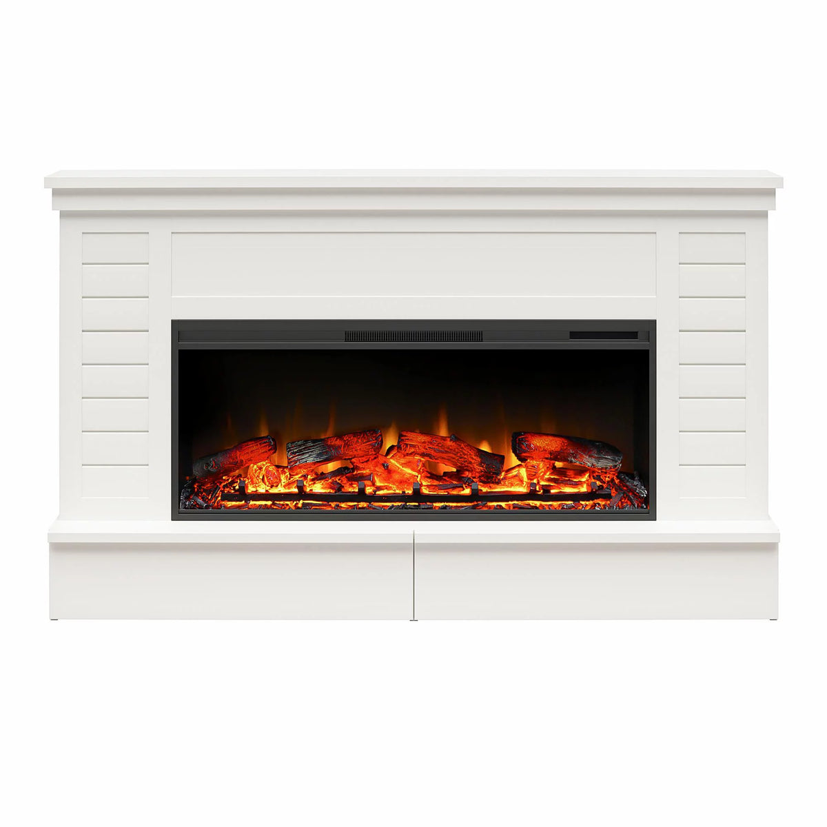 White Wide Shiplap Mantel with Linear Electric Fireplace and Storage Drawers A156743