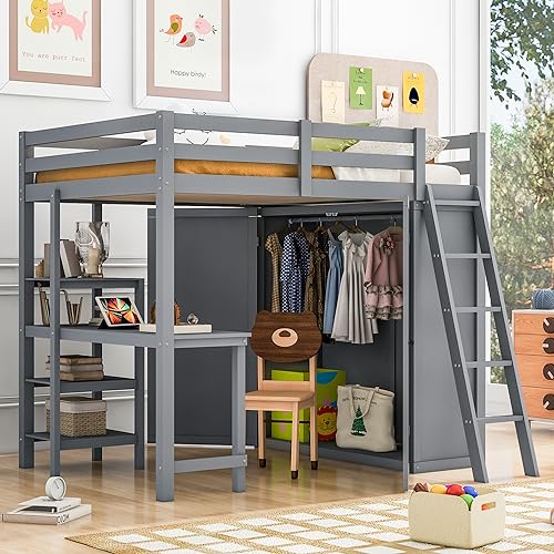 Full Size Solid Wood Loft Bed with Wardrobe and Desk N8377