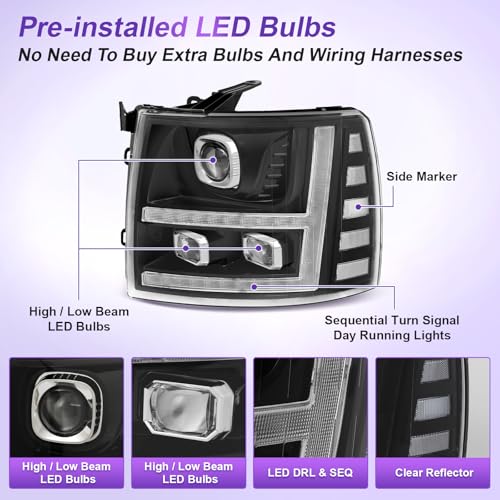 LED Projector DRL Headlight Assembly Black Housing Clear Reflector D7640