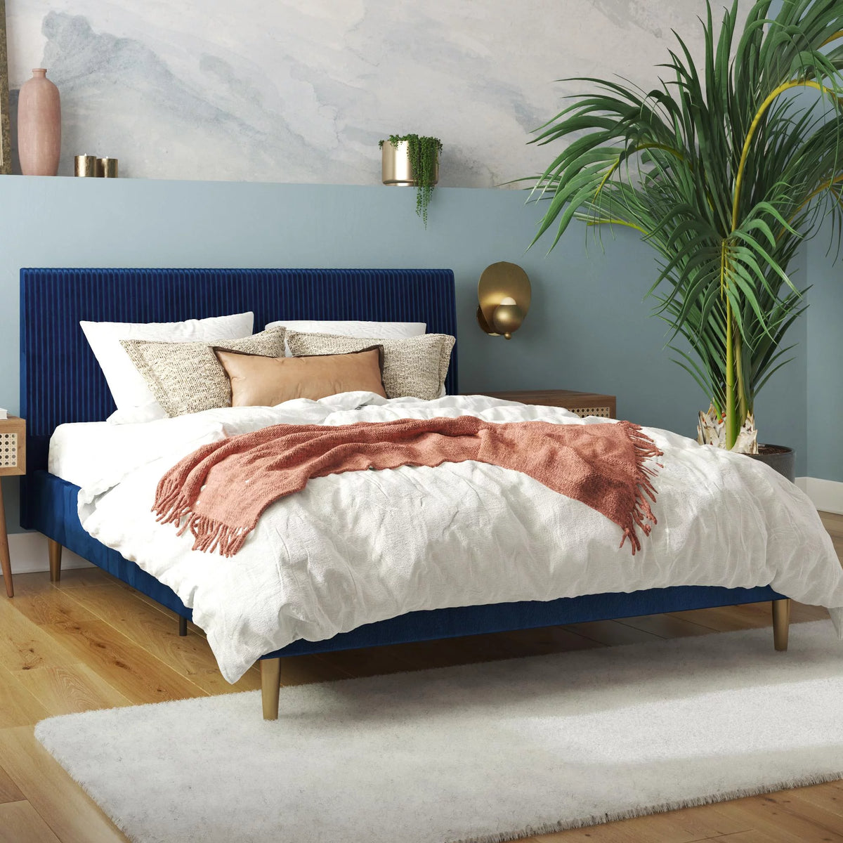 Queen Ivory Velvet Upholstered Bed with Headboard K5931