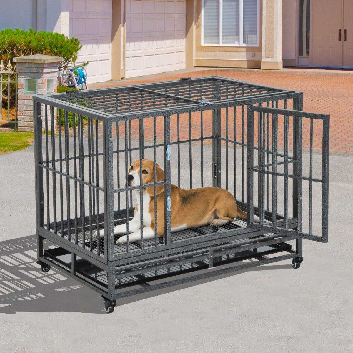 Heavy Duty Dog Crate Metal Cage Kennel with Lockable Wheels X49624