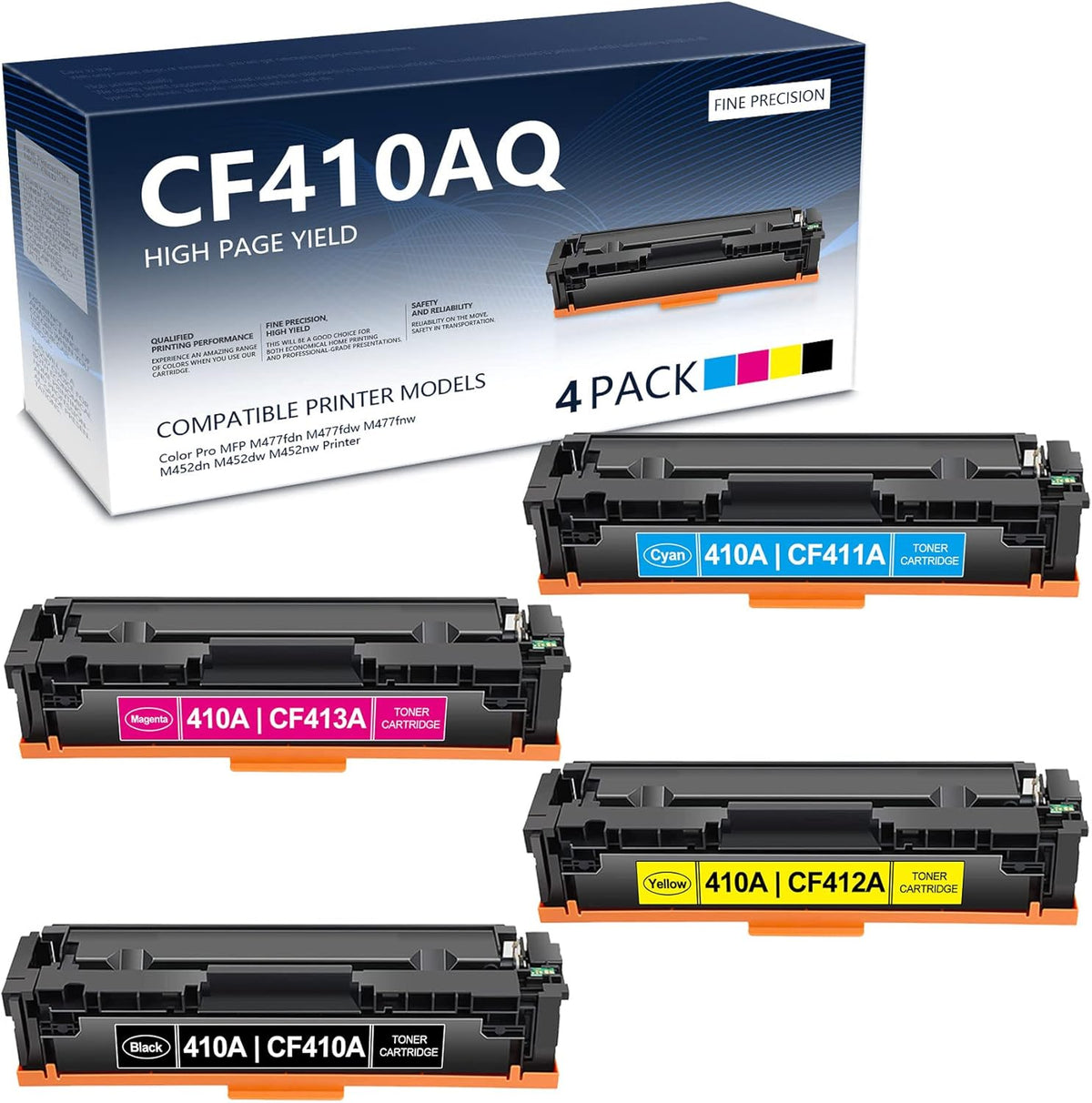 (4 Pack, 1BK+1C+1M+1Y) CF410AQ Toner Cartridge for HP Color Pro MFP M477fdw M452dw Printer M54307