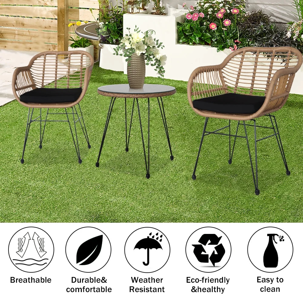 3 Piece Wicker Patio Conversation Set with Glass Side Table and Cushioned Chairs V867969
