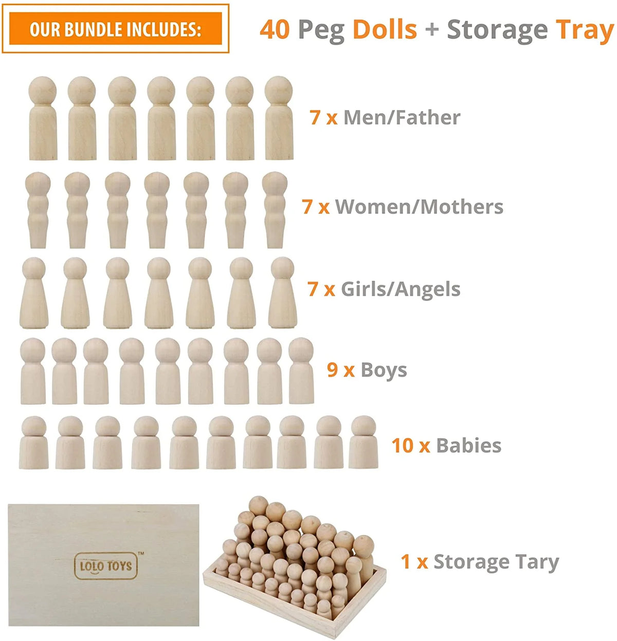 Natural Wood Peg Dolls Pack of 40 with Storage Case P568