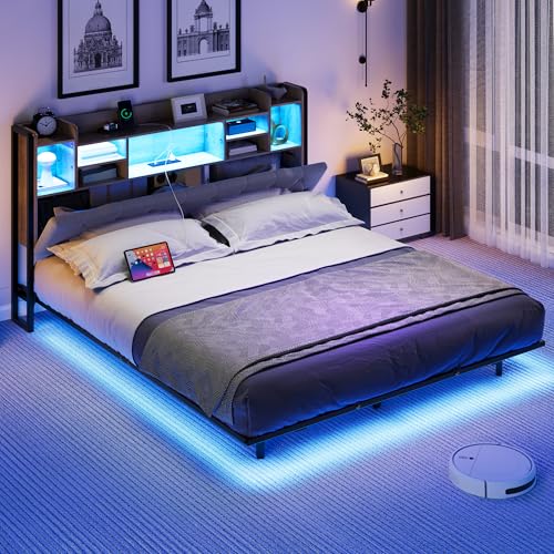 Gray Upholstered Floating Platform Bed with Charging Station F68588