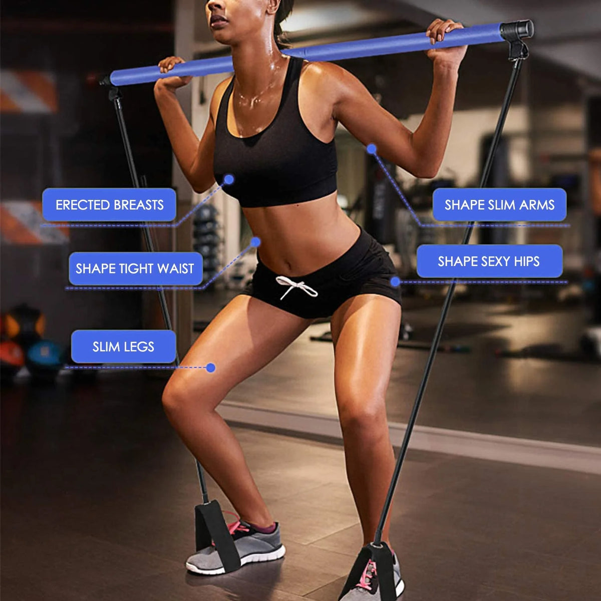 Blue Portable Pilates Bar with Resistance Bands Loop Set F562285