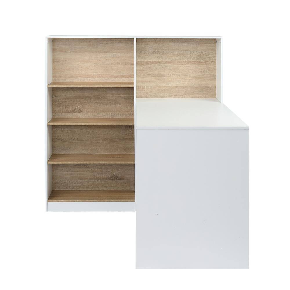 White Wood L-Shaped Computer Desk with Bookshelf T423