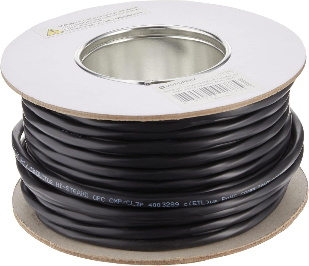 16 Gauge AWG 4 Conductor CMP-Rated Speaker Wire 100ft Black A601530