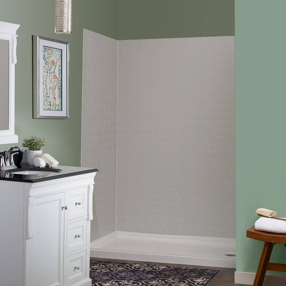 5-Piece Shower Kit in Grey Mosaic with Right Drain Base in White X9944
