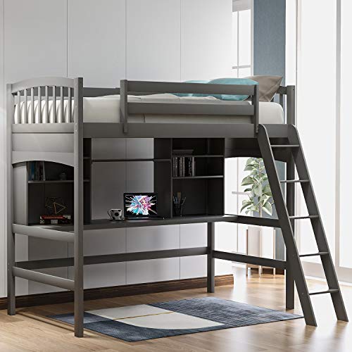 Full Size Solid Wood Loft Bed with Wardrobe and Desk N8377
