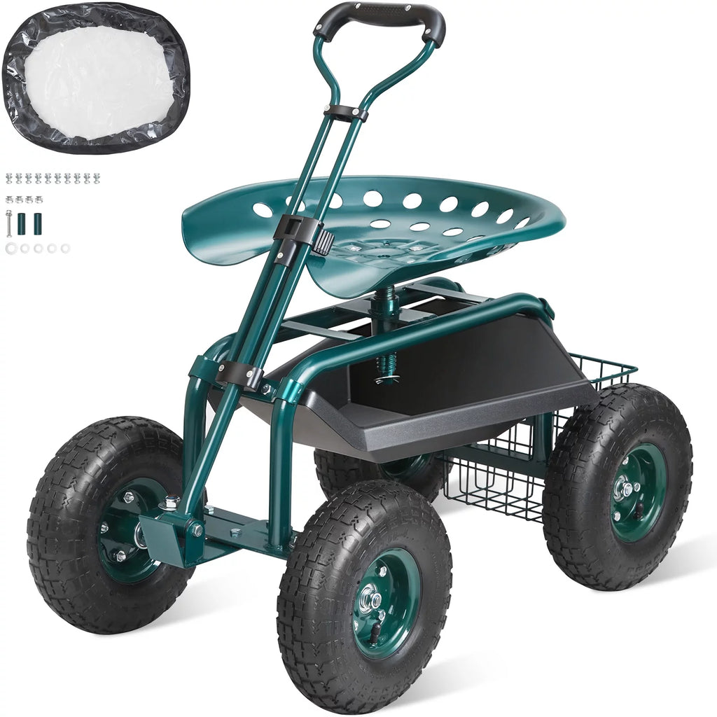 Garden Cart Rolling Workseat with Wheels, 360 Degree Swivel Seat, Steering Handle & Utility Tool Tray H11570