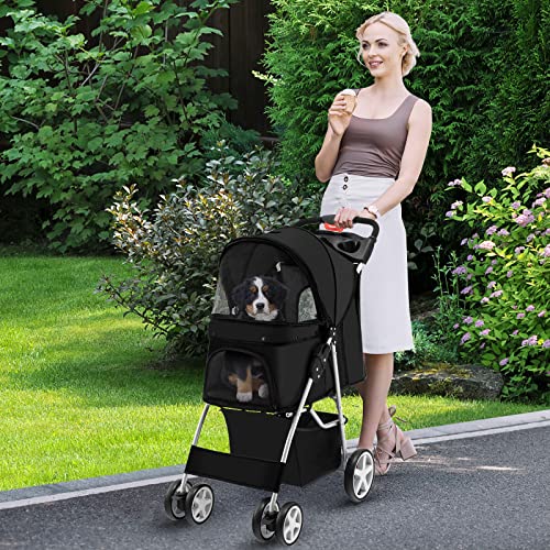 Navy Folding Pet Stroller with 4 Lockable Wheels and Removable Liner H268