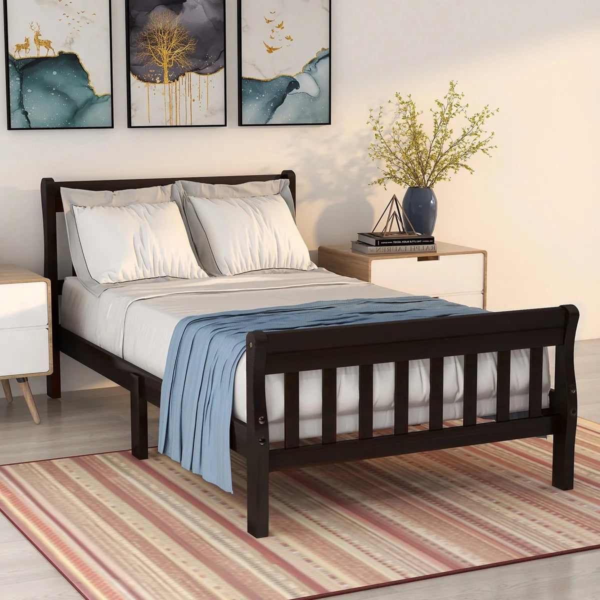 Wood Twin Size Platform Bed Frame with Headboard and Footboard E99119