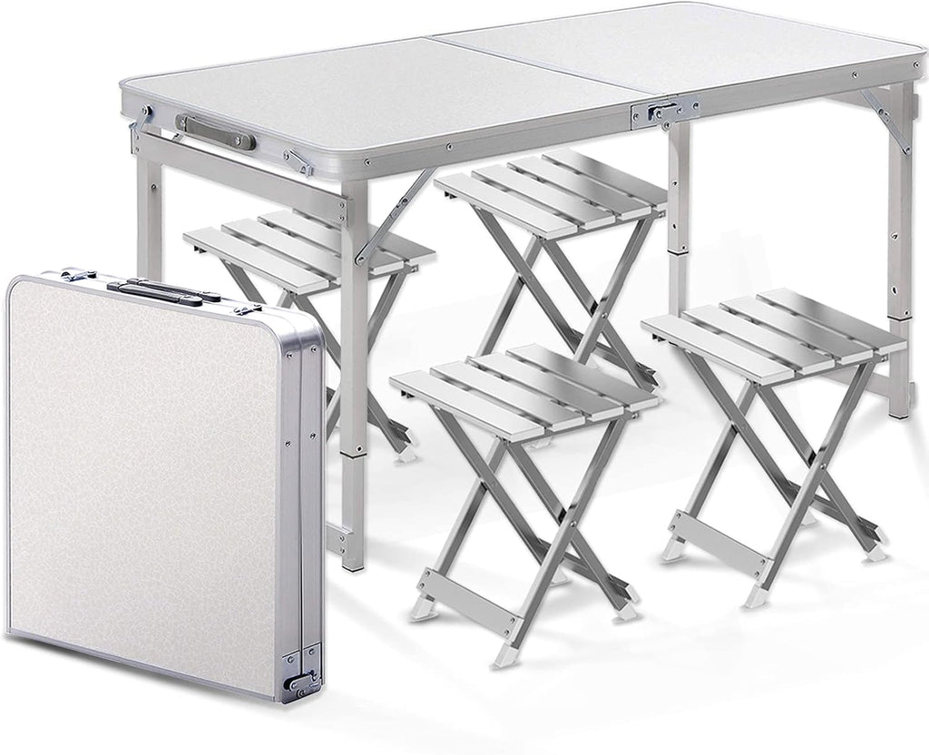 White 4 Foot Adjustable Height Folding Aluminum Camping Table with Stools J7263
