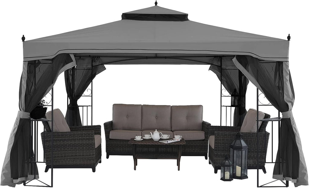 Beige Patio Gazebo with Netting Screen Walls X6020