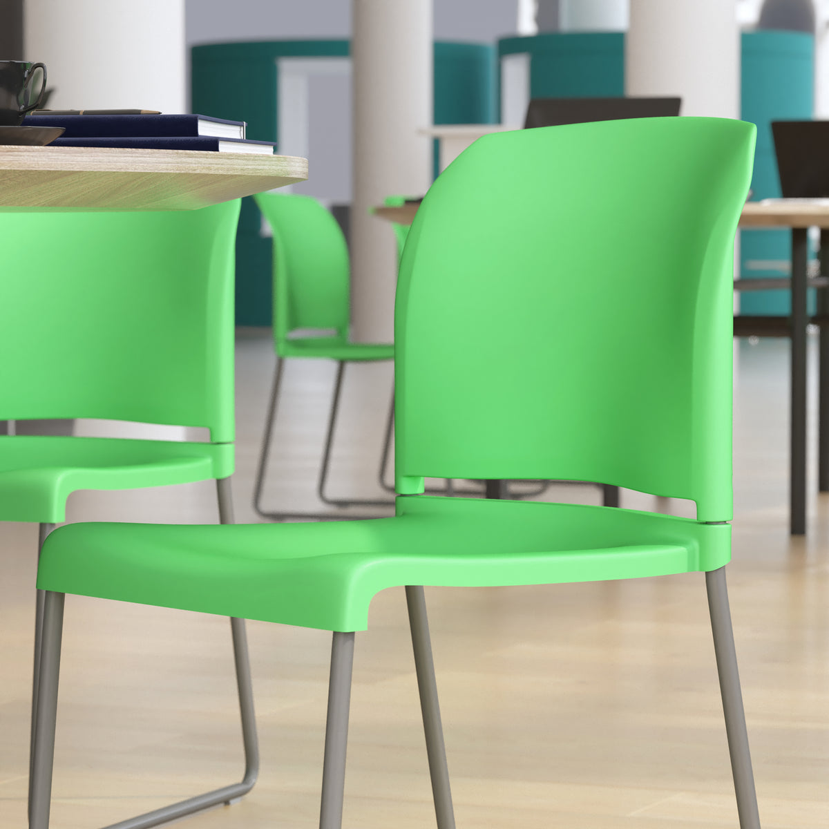 Green Full Back Contoured Stack Chair with Gray Sled Base J682