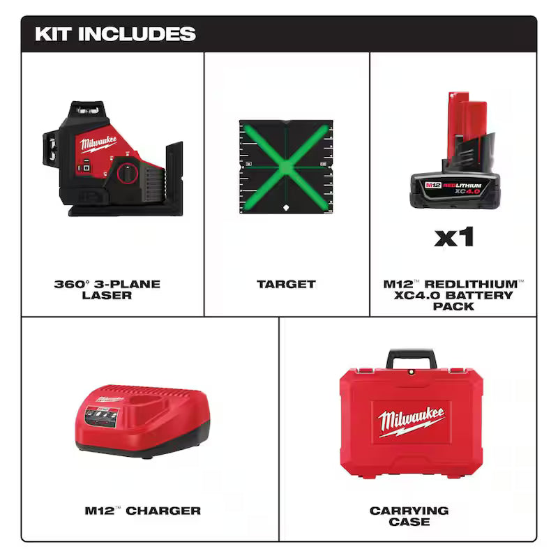 12-Volt Cordless Green 3-Plane Laser Level Kit with Laser Detector M340461
