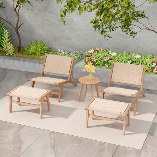 Natural Teak Wood Ottoman Footstool with Braided Rope, 14" H E9919