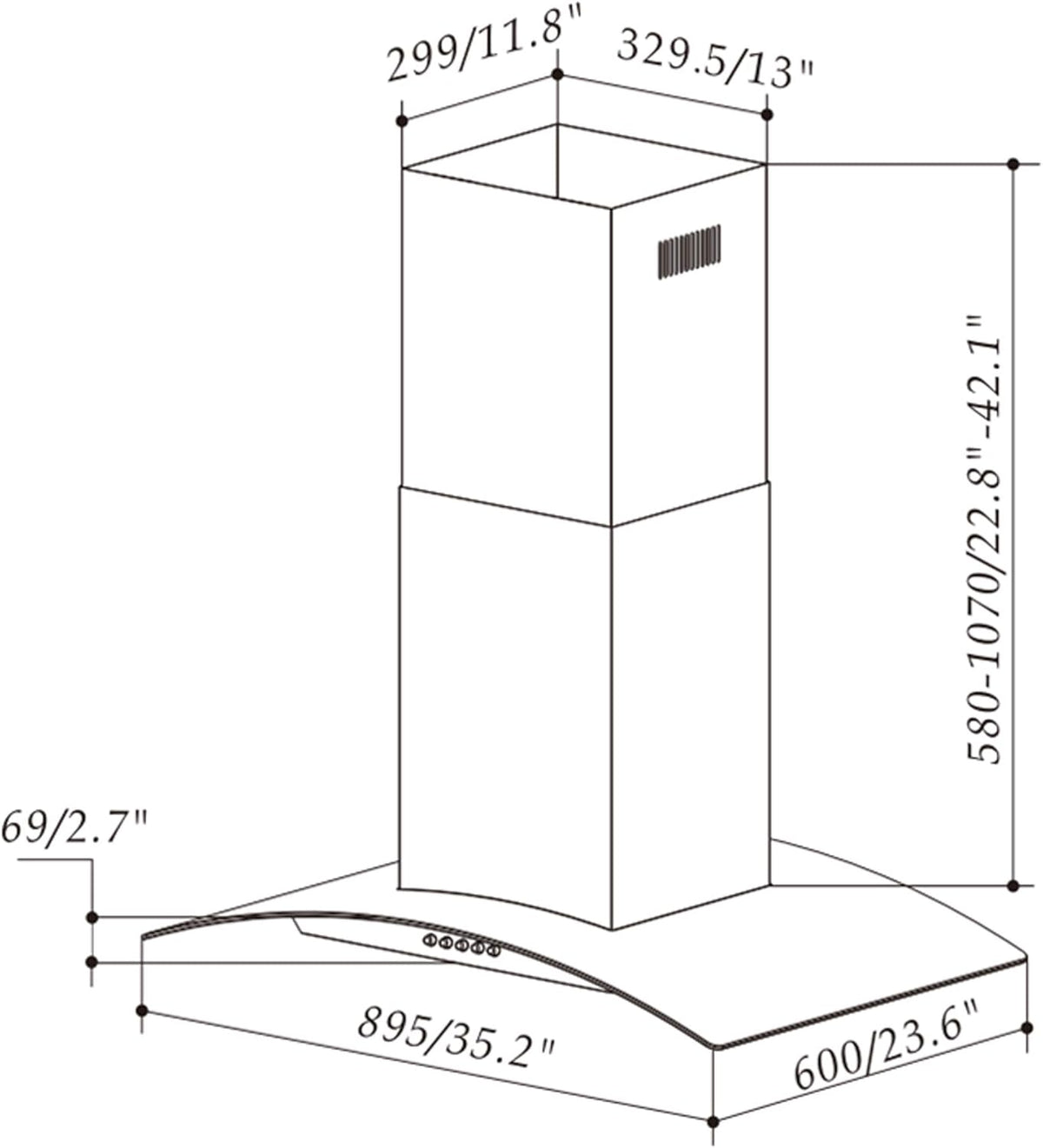 36 in. 343 CFM Convertible Island Mount Range Hood Black Painted Stainless Steel Glass Carbon Filters E610952