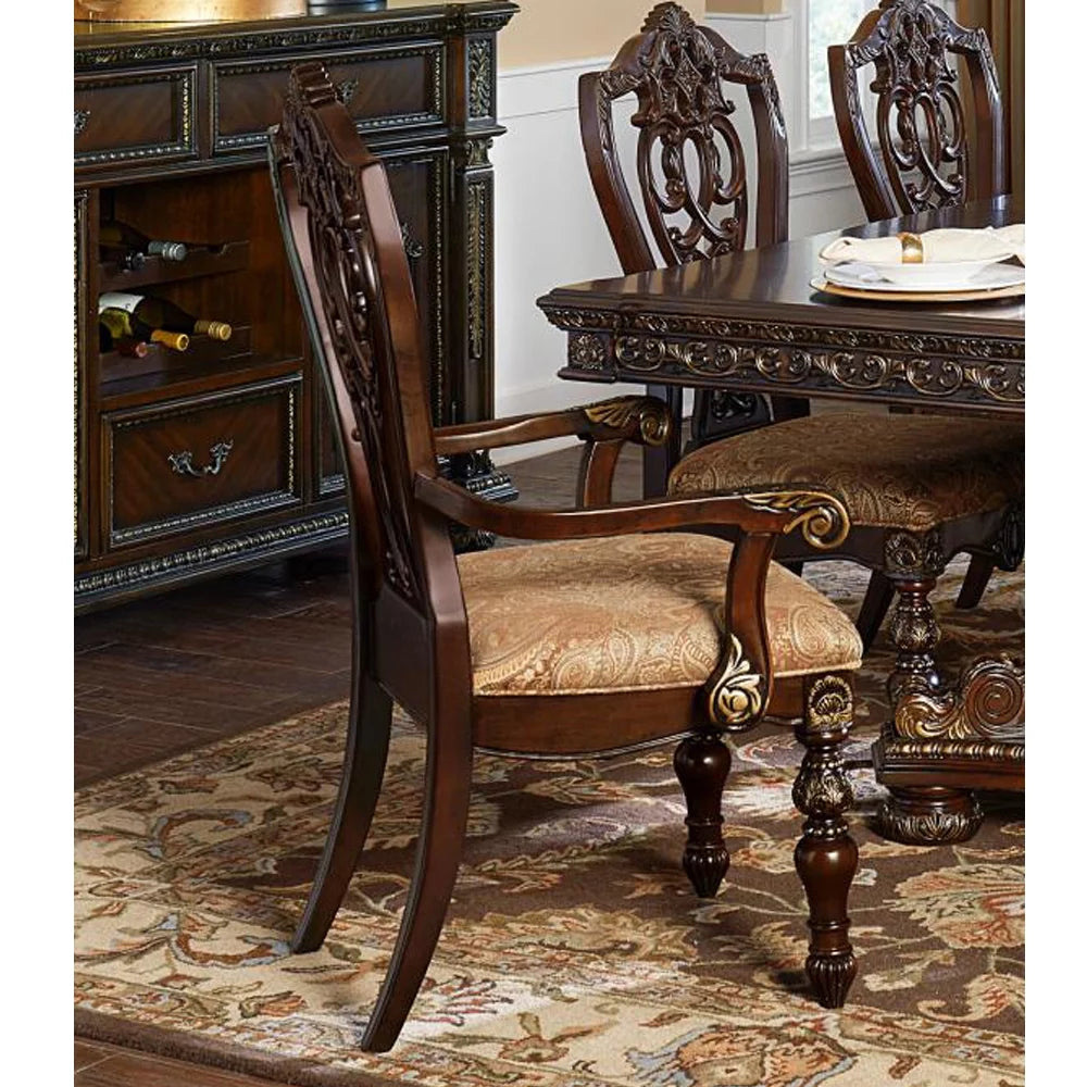 Fabric Upholstered Wooden Arm Chair Set of 2 Cherry Brown I4348