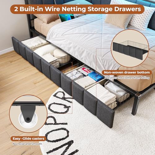 Full Size Corner Bed Frame with 2 Storage Drawers and Charging Station I433