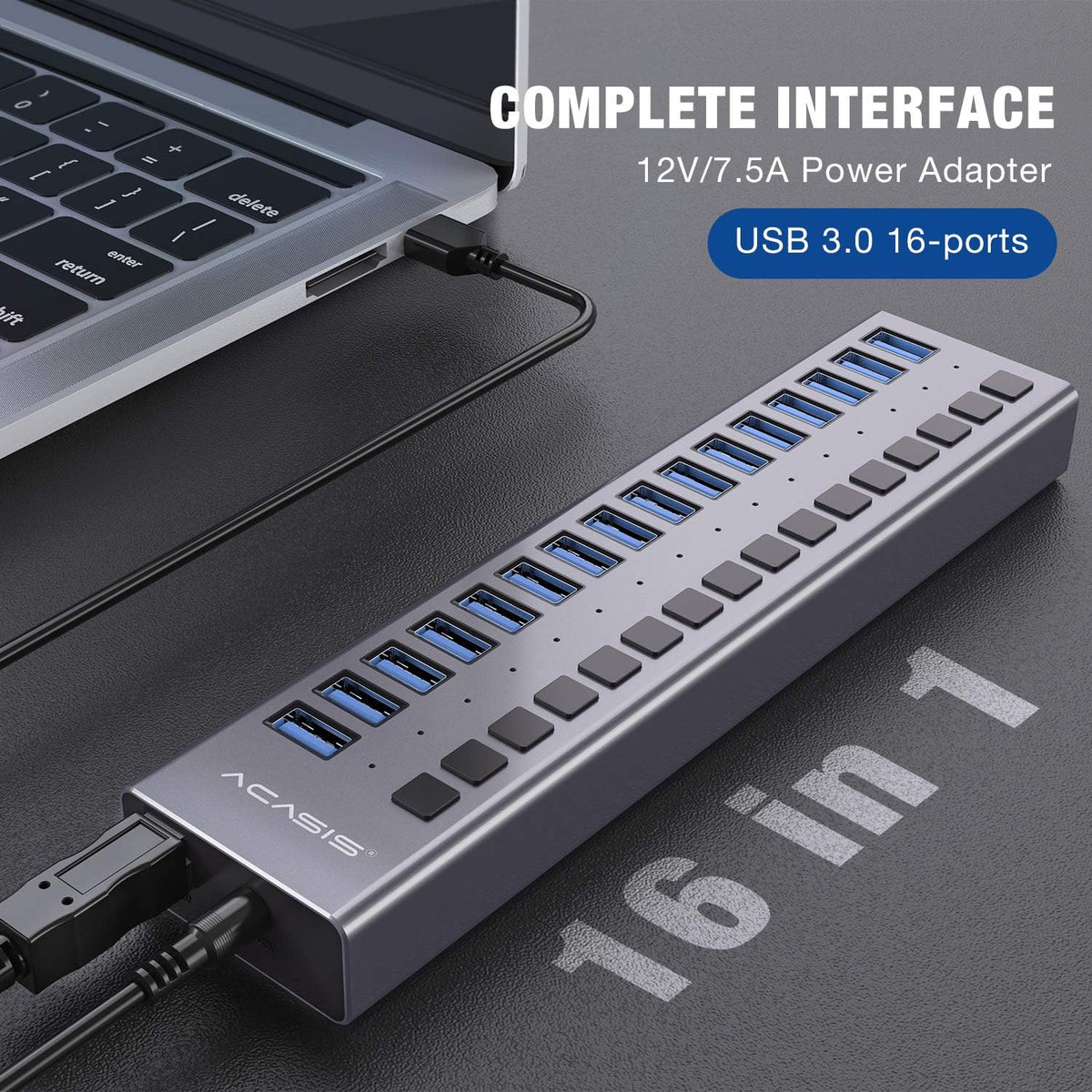 16 Ports USB 3.0 Data Hub with On/Off Switches and Power Adapter U860829