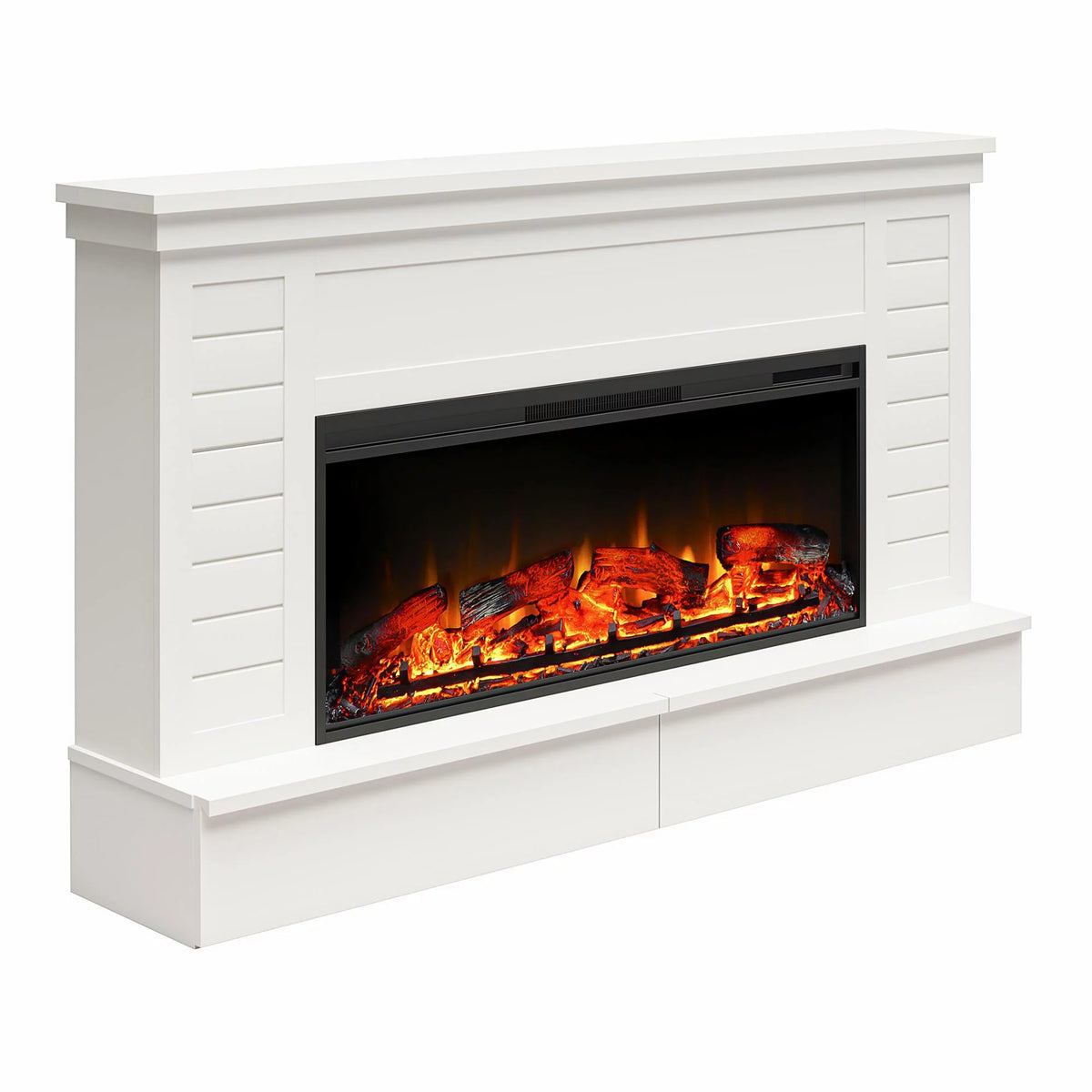 White Wide Shiplap Mantel with Linear Electric Fireplace and Storage Drawers A156743