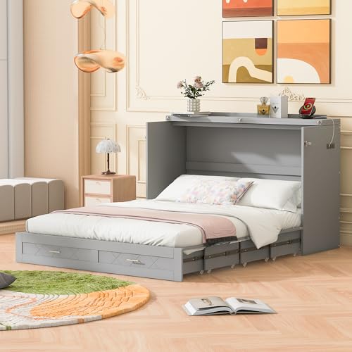 Queen Size Murphy Wall Bed with USB Charging Station and Storage Drawer N1750