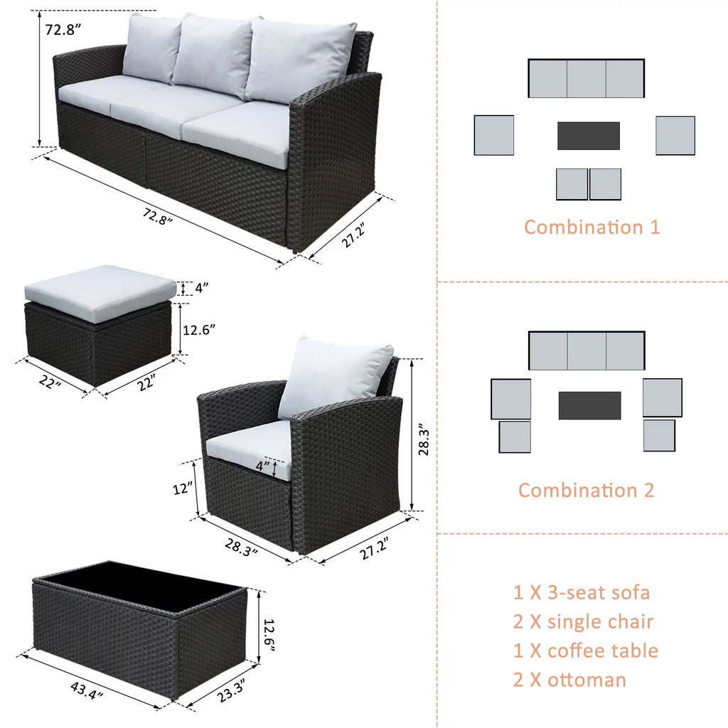 8 Pcs Wicker Patio Furniture Set with Coffee Table and Ottomans T12643