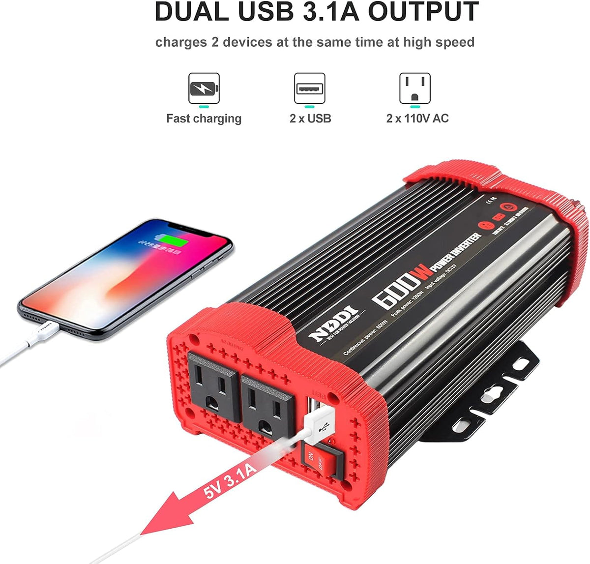 600W Car Power Inverter 12V DC to 110V AC Converter with Dual USB N1824
